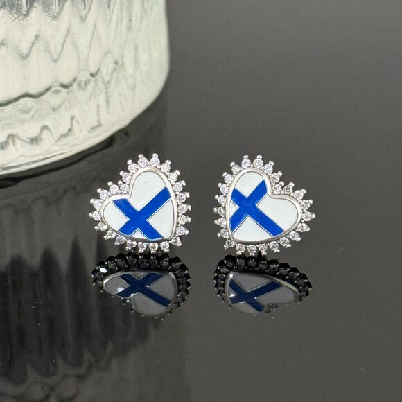 Jewelry - Finland Flag Earrings Heart bling S925 Sterling Silver Handmade Ear Stud
